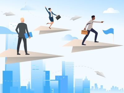 Business team traveling on flying paper planes. Challenge, opportunity, pointing forward, teamwork. Leadership concept. Vector illustration for topics like business, development, success